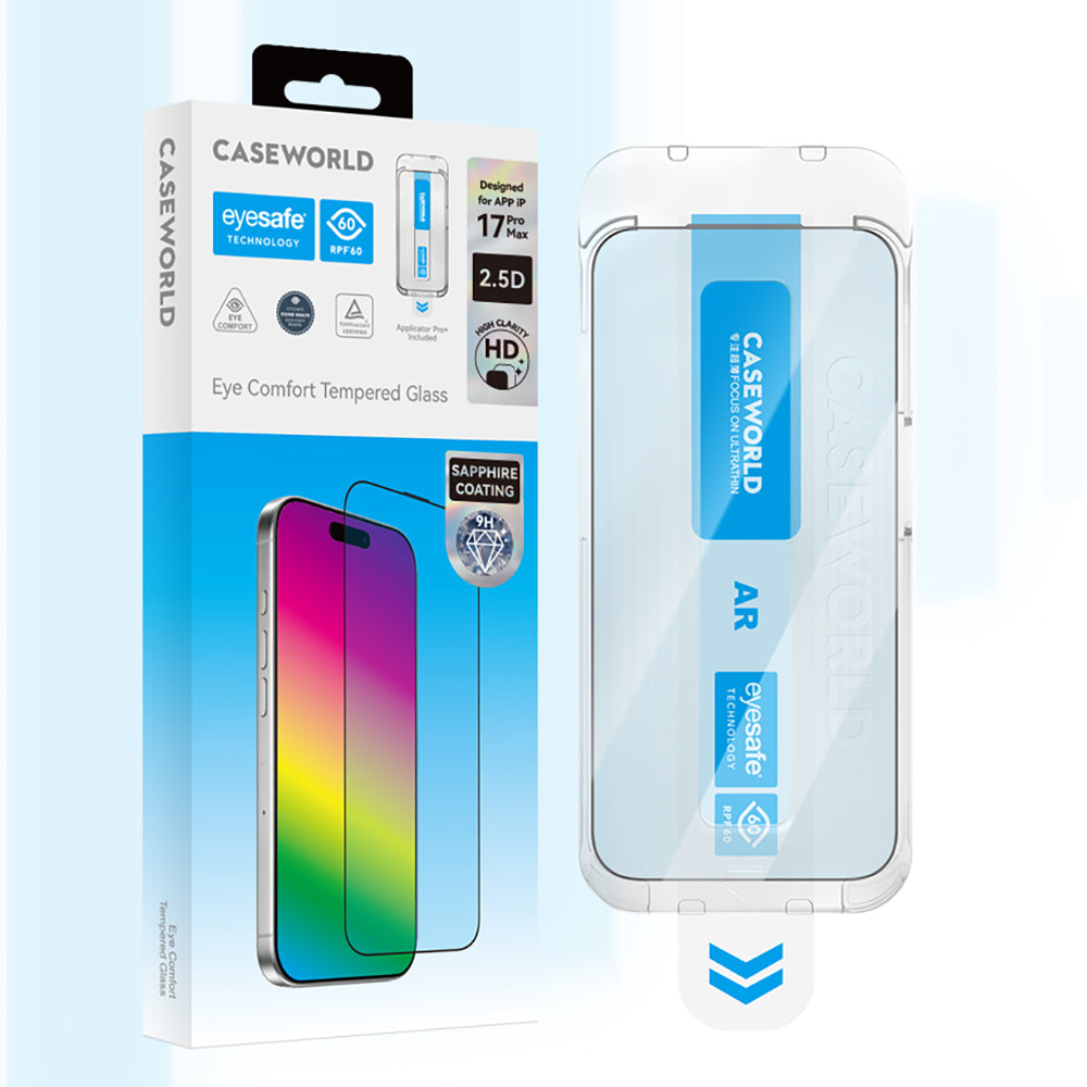 Apple iPhone 17 CaseWorld Applicator Serisi 2.5D Eyesafe Mavi Işık Teknolojili Safir 0.33mm Temperli Cam Ekran Koruyucu + Uygulama Aparatı Şeffaf