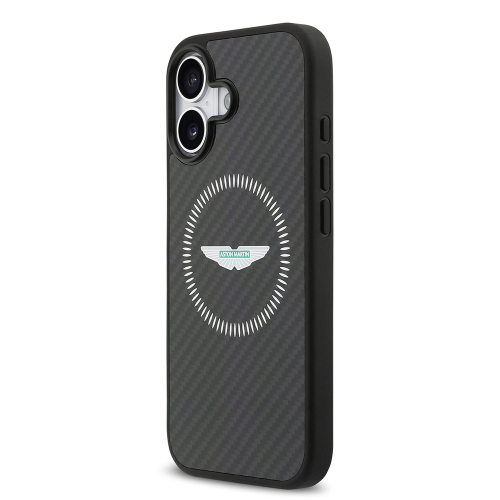 Apple iPhone 17 Kılıf Aston Martin Orjinal Lisanslı M-safe Şarj Özellikli Karbon Fiber Kevlar Kapak Siyah