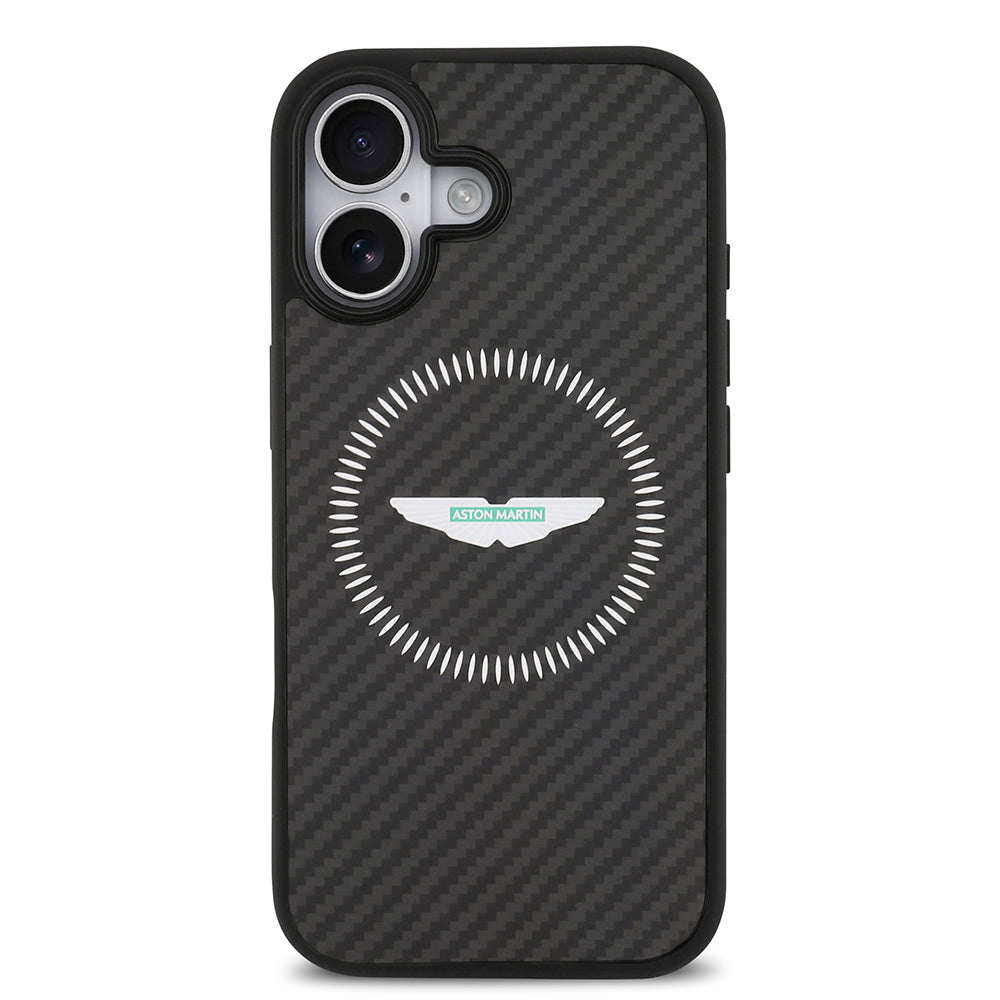 Apple iPhone 17 Kılıf Aston Martin Orjinal Lisanslı M-safe Şarj Özellikli Karbon Fiber Kevlar Kapak Siyah