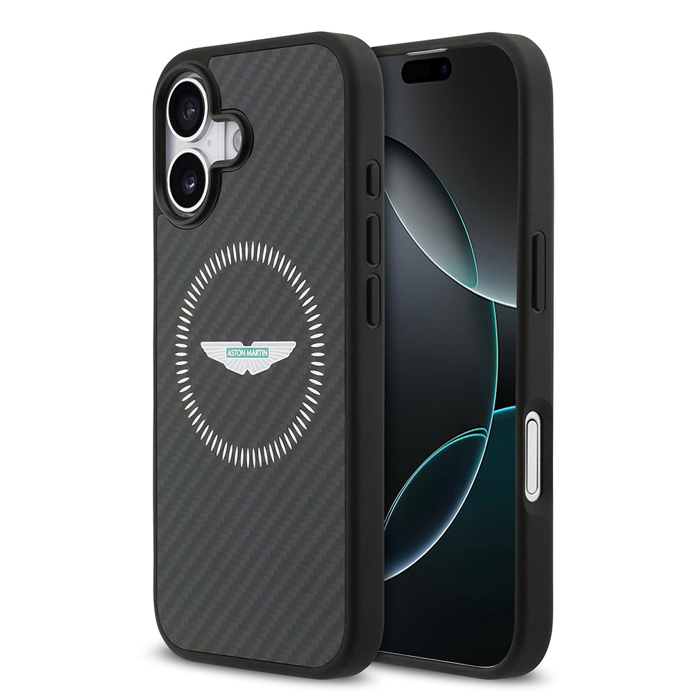 Apple iPhone 17 Kılıf Aston Martin Orjinal Lisanslı M-safe Şarj Özellikli Karbon Fiber Kevlar Kapak Siyah