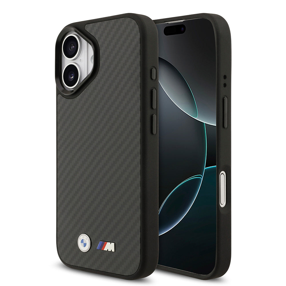 Apple iPhone 17 Kılıf BMW Orjinal Lisanslı M-safe Şarj Özellikli Karbon Fiber Metal Logolu Kevlar Kapak Siyah
