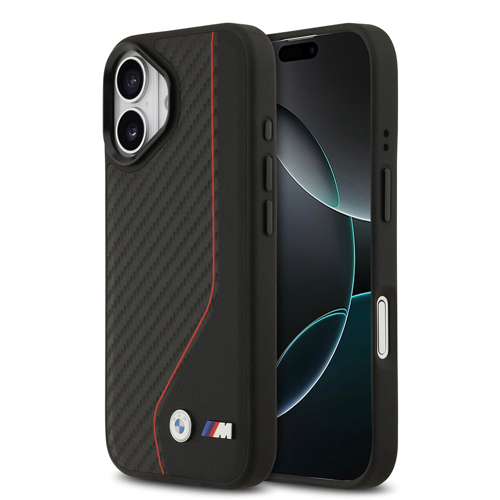 Apple iPhone 17 Kılıf BMW Orjinal Lisanslı M-safe Şarj Özellikli Metal BMW ve M Logolu PU Karbon Tasarımlı Kapak Kırmızı