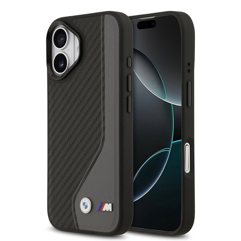 Apple iPhone 17 Kılıf BMW Orjinal Lisanslı M-safe Şarj Özellikli Metal BMW ve M Logolu PU Karbon Tasarımlı Kapak Siyah