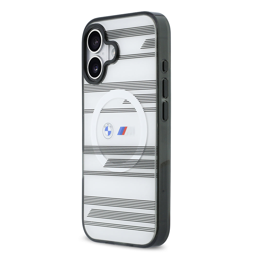 Apple iPhone 17 Kılıf BMW Orjinal Lisanslı M-safe Şarj Özellikli Metal Kamera Butonlu Yatay Şeritli M Dizayn Kapak Gümüş