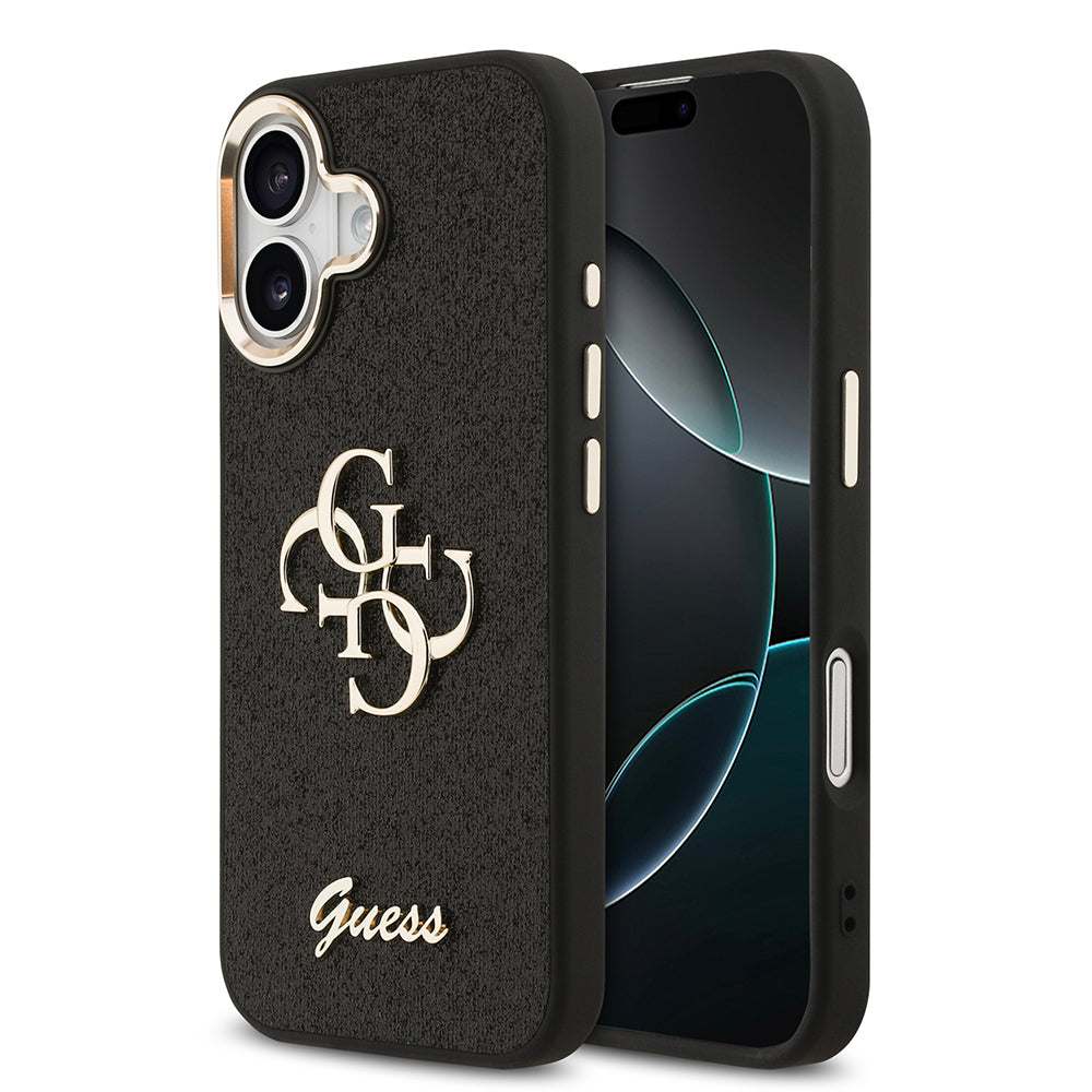 Apple iPhone 17 Kılıf Guess Orjinal Lisanslı 4G Büyük Metal Kamera Çerçeveli ve Logolu Glitter Kapak Siyah