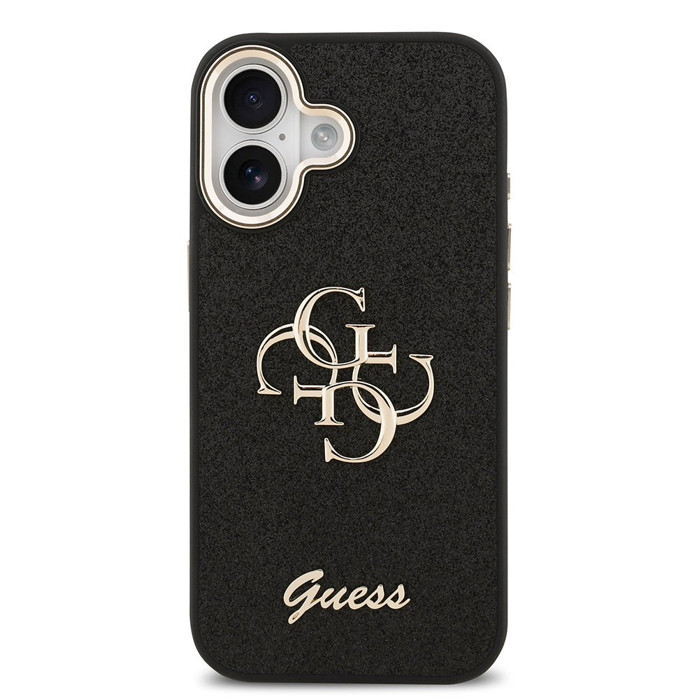 Apple iPhone 17 Kılıf Guess Orjinal Lisanslı 4G Büyük Metal Kamera Çerçeveli ve Logolu Glitter Kapak Siyah