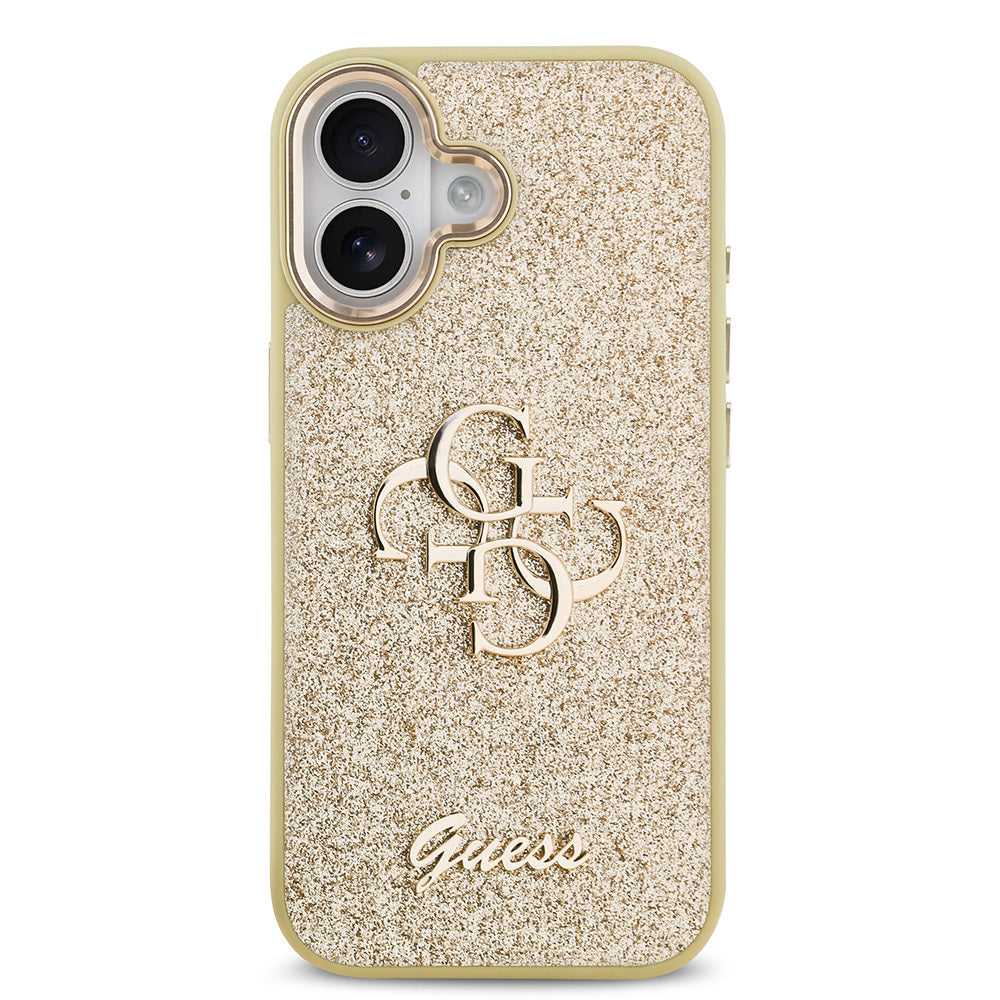 Apple iPhone 17 Kılıf Guess Orjinal Lisanslı 4G Büyük Metal Kamera Çerçeveli ve Logolu Glitter Kapak Gold