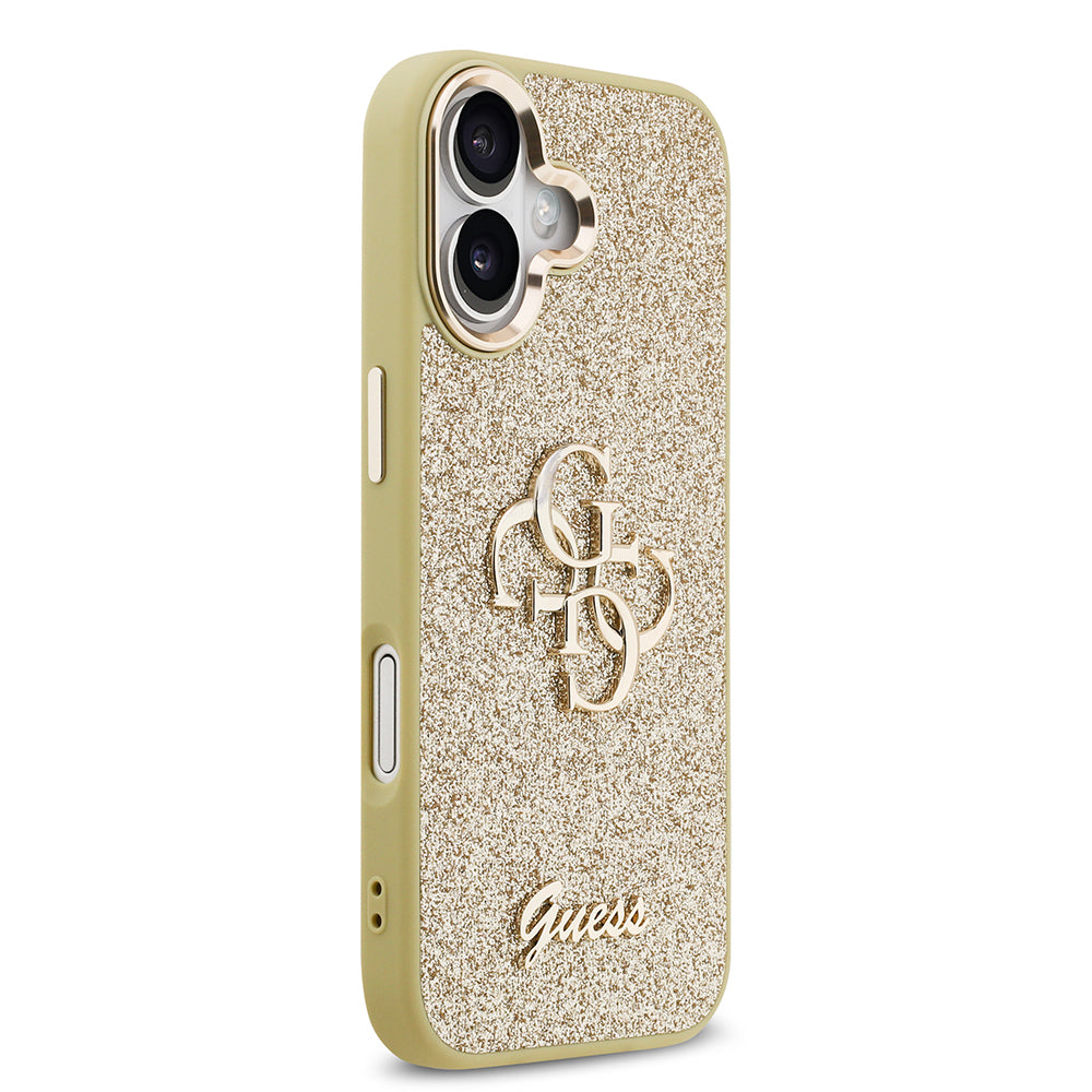 Apple iPhone 17 Kılıf Guess Orjinal Lisanslı 4G Büyük Metal Kamera Çerçeveli ve Logolu Glitter Kapak Gold