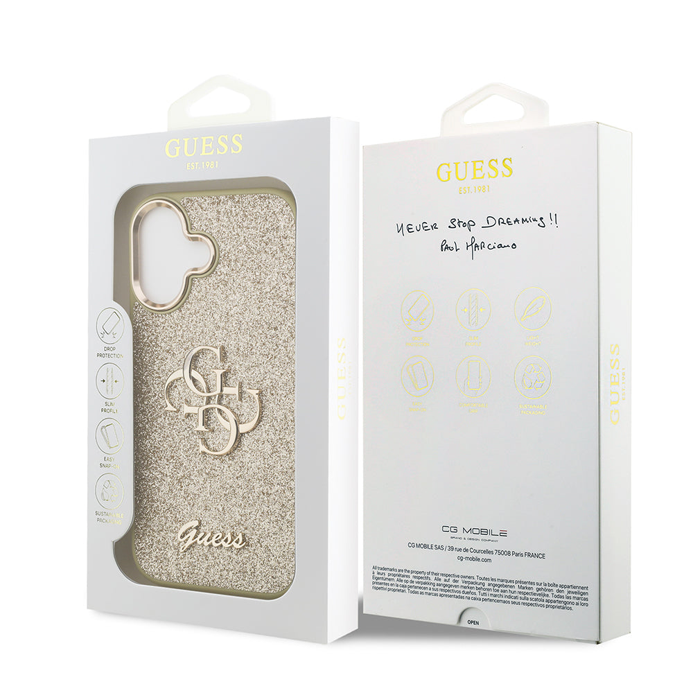 Apple iPhone 17 Kılıf Guess Orjinal Lisanslı 4G Büyük Metal Kamera Çerçeveli ve Logolu Glitter Kapak Gold
