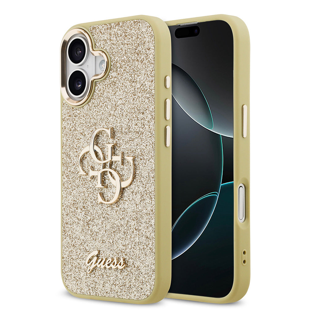 Apple iPhone 17 Kılıf Guess Orjinal Lisanslı 4G Büyük Metal Kamera Çerçeveli ve Logolu Glitter Kapak Gold