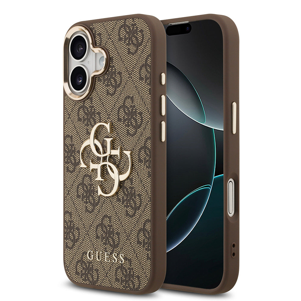 Apple iPhone 17 Kılıf Guess Orjinal Lisanslı Gold Metal Kamera Çerçeveli 4G Desenli Metal Büyük 4G ve Yazı Logolu Kapak Kahverengi
