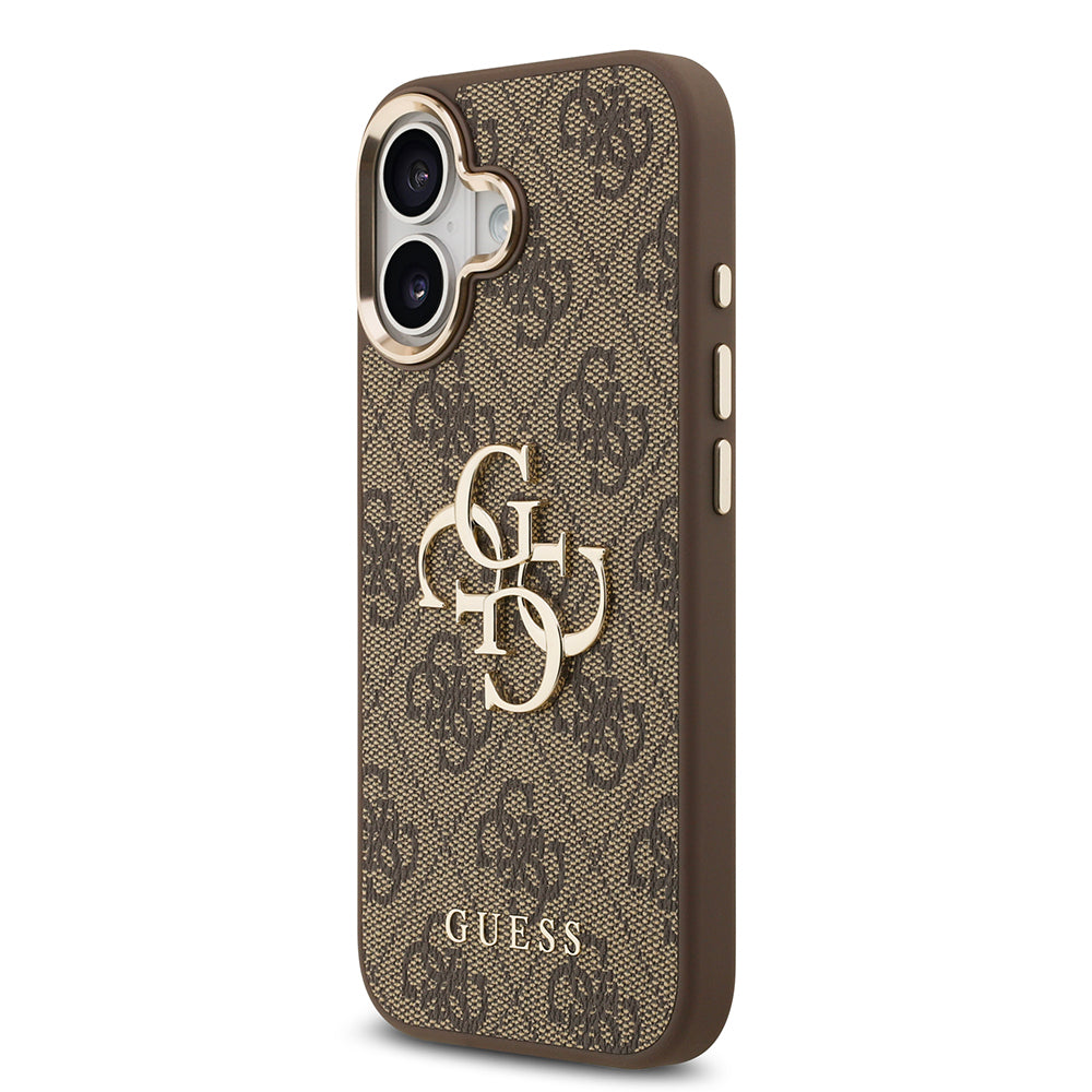 Apple iPhone 17 Kılıf Guess Orjinal Lisanslı Gold Metal Kamera Çerçeveli 4G Desenli Metal Büyük 4G ve Yazı Logolu Kapak Kahverengi