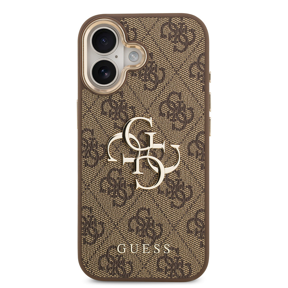 Apple iPhone 17 Kılıf Guess Orjinal Lisanslı Gold Metal Kamera Çerçeveli 4G Desenli Metal Büyük 4G ve Yazı Logolu Kapak Kahverengi
