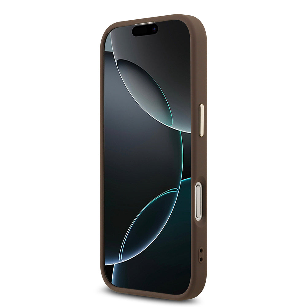 Apple iPhone 17 Kılıf Guess Orjinal Lisanslı Gold Metal Kamera Çerçeveli 4G Desenli Metal Büyük 4G ve Yazı Logolu Kapak Kahverengi