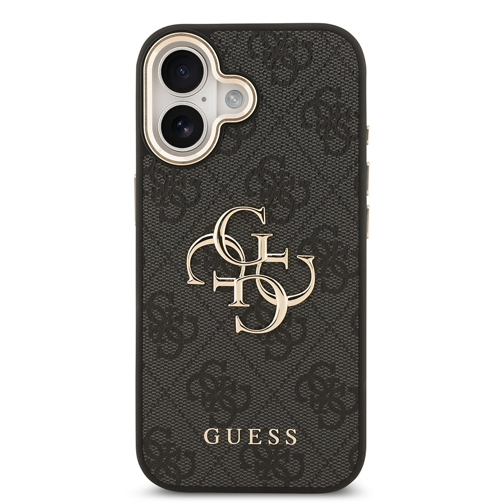 Apple iPhone 17 Kılıf Guess Orjinal Lisanslı Gold Metal Kamera Çerçeveli 4G Desenli Metal Büyük 4G ve Yazı Logolu Kapak Siyah