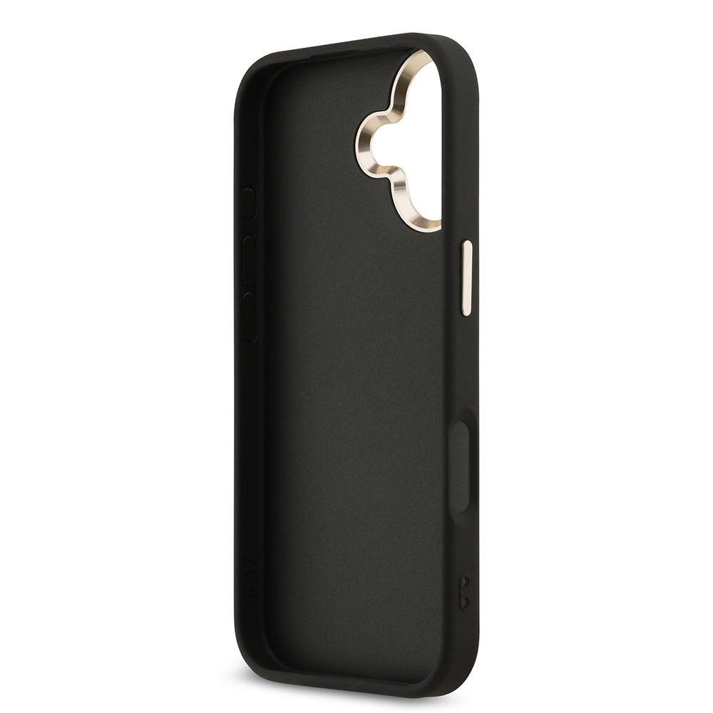 Apple iPhone 17 Kılıf Guess Orjinal Lisanslı Gold Metal Kamera Çerçeveli 4G Desenli Metal Büyük 4G ve Yazı Logolu Kapak Siyah