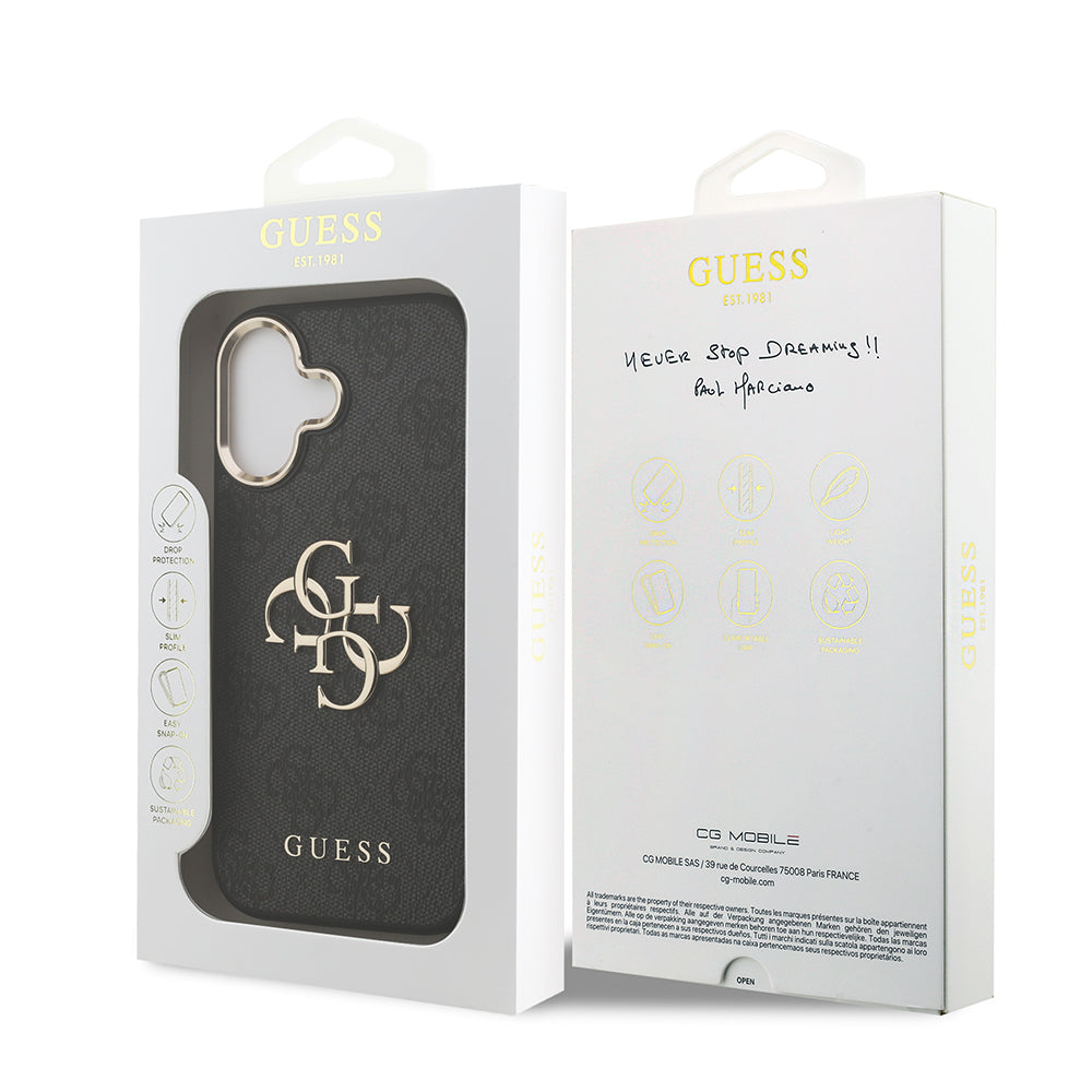 Apple iPhone 17 Kılıf Guess Orjinal Lisanslı Gold Metal Kamera Çerçeveli 4G Desenli Metal Büyük 4G ve Yazı Logolu Kapak Siyah