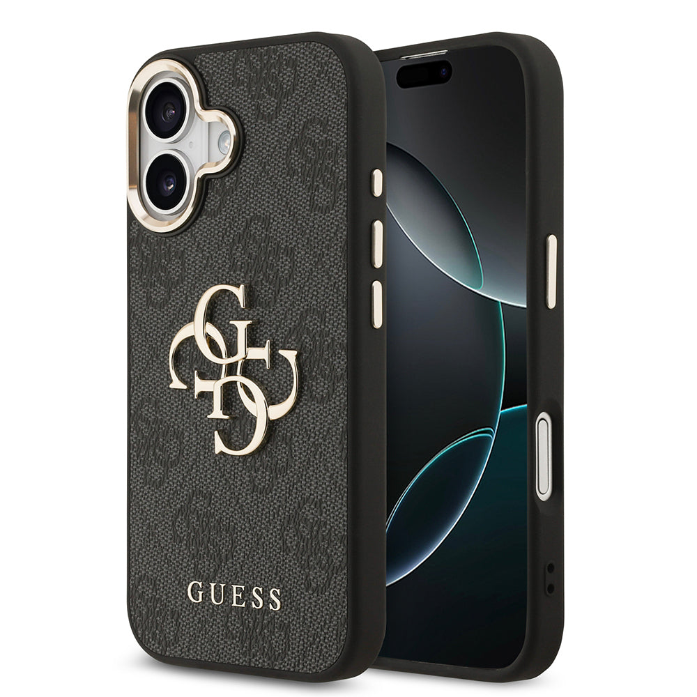 Apple iPhone 17 Kılıf Guess Orjinal Lisanslı Gold Metal Kamera Çerçeveli 4G Desenli Metal Büyük 4G ve Yazı Logolu Kapak Siyah