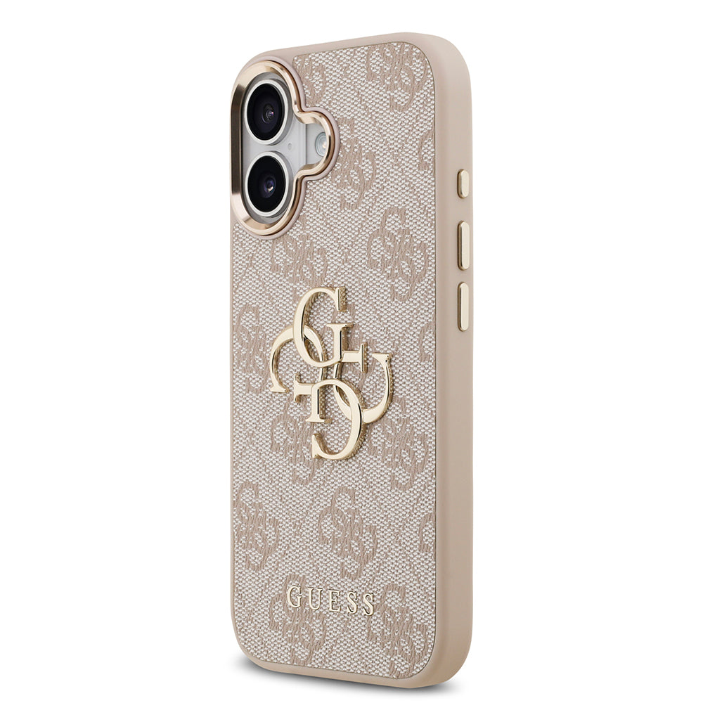 Apple iPhone 17 Kılıf Guess Orjinal Lisanslı Gold Metal Kamera Çerçeveli 4G Desenli Metal Büyük 4G ve Yazı Logolu Kapak Pembe