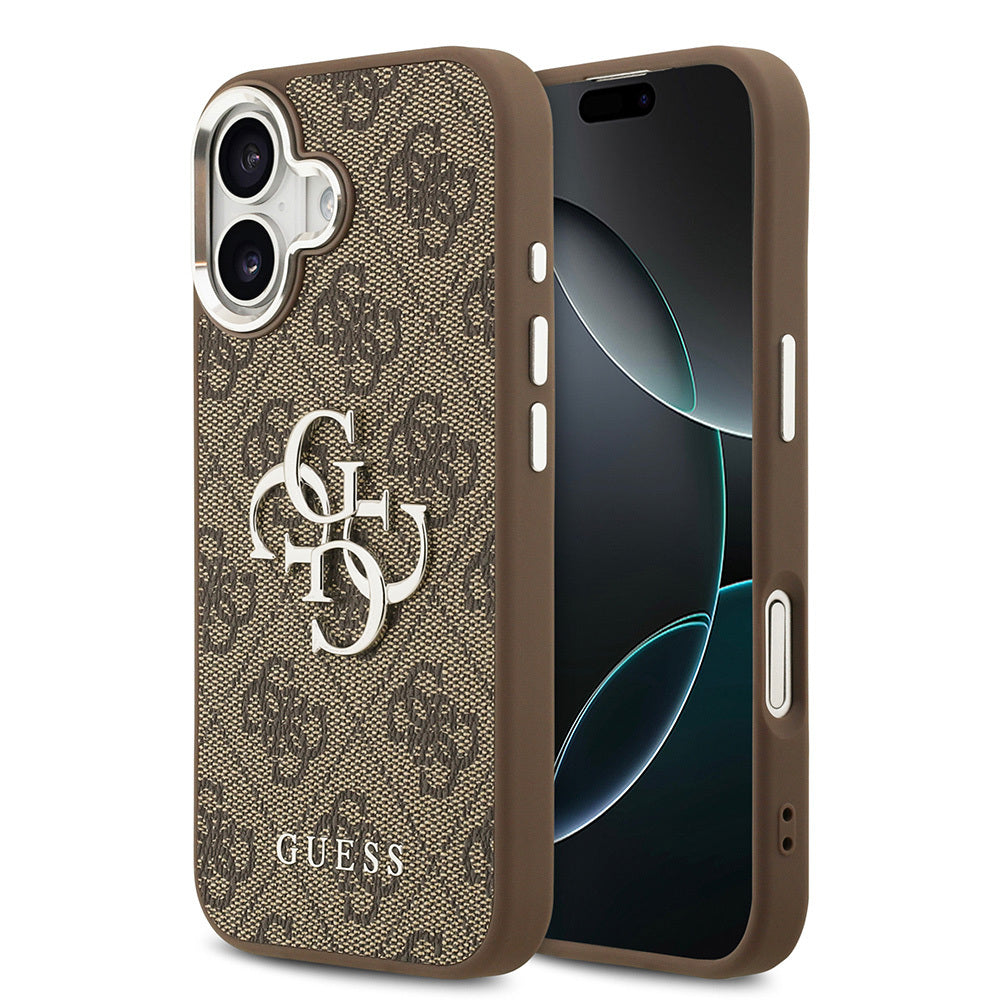 Apple iPhone 17 Kılıf Guess Orjinal Lisanslı Gümüş Metal Kamera Çerçeveli 4G Desenli Metal Büyük 4G ve Yazı Logolu Kapak Kahverengi