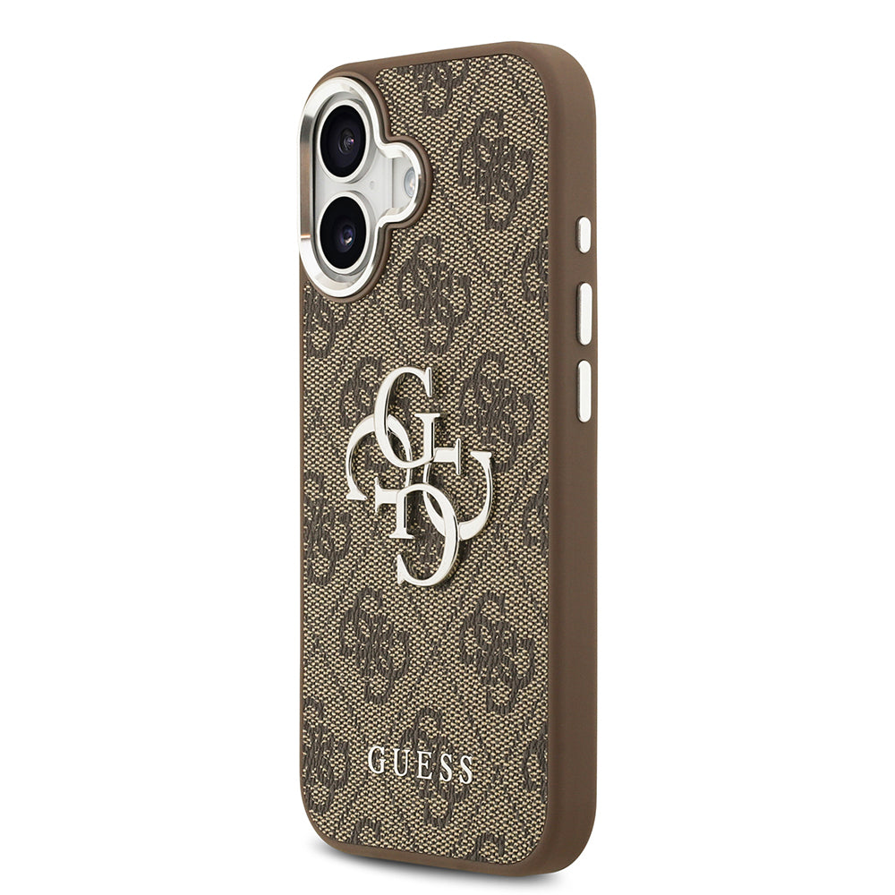 Apple iPhone 17 Kılıf Guess Orjinal Lisanslı Gümüş Metal Kamera Çerçeveli 4G Desenli Metal Büyük 4G ve Yazı Logolu Kapak Kahverengi