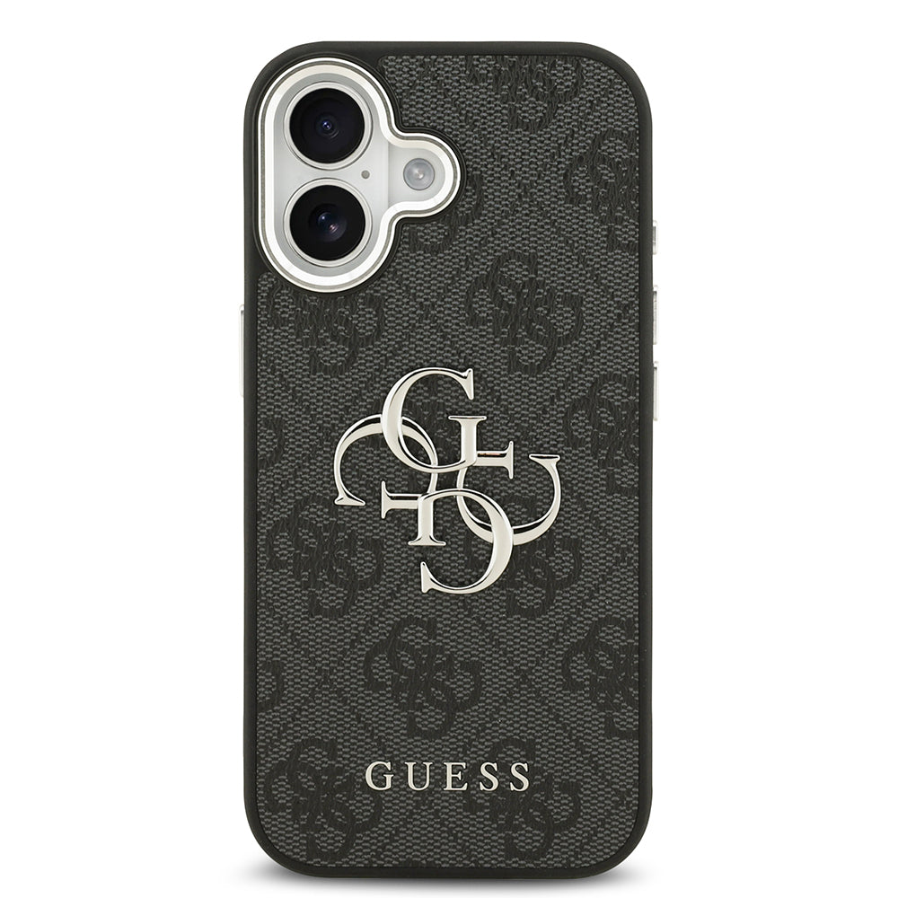 Apple iPhone 17 Kılıf Guess Orjinal Lisanslı Gümüş Metal Kamera Çerçeveli 4G Desenli Metal Büyük 4G ve Yazı Logolu Kapak Siyah