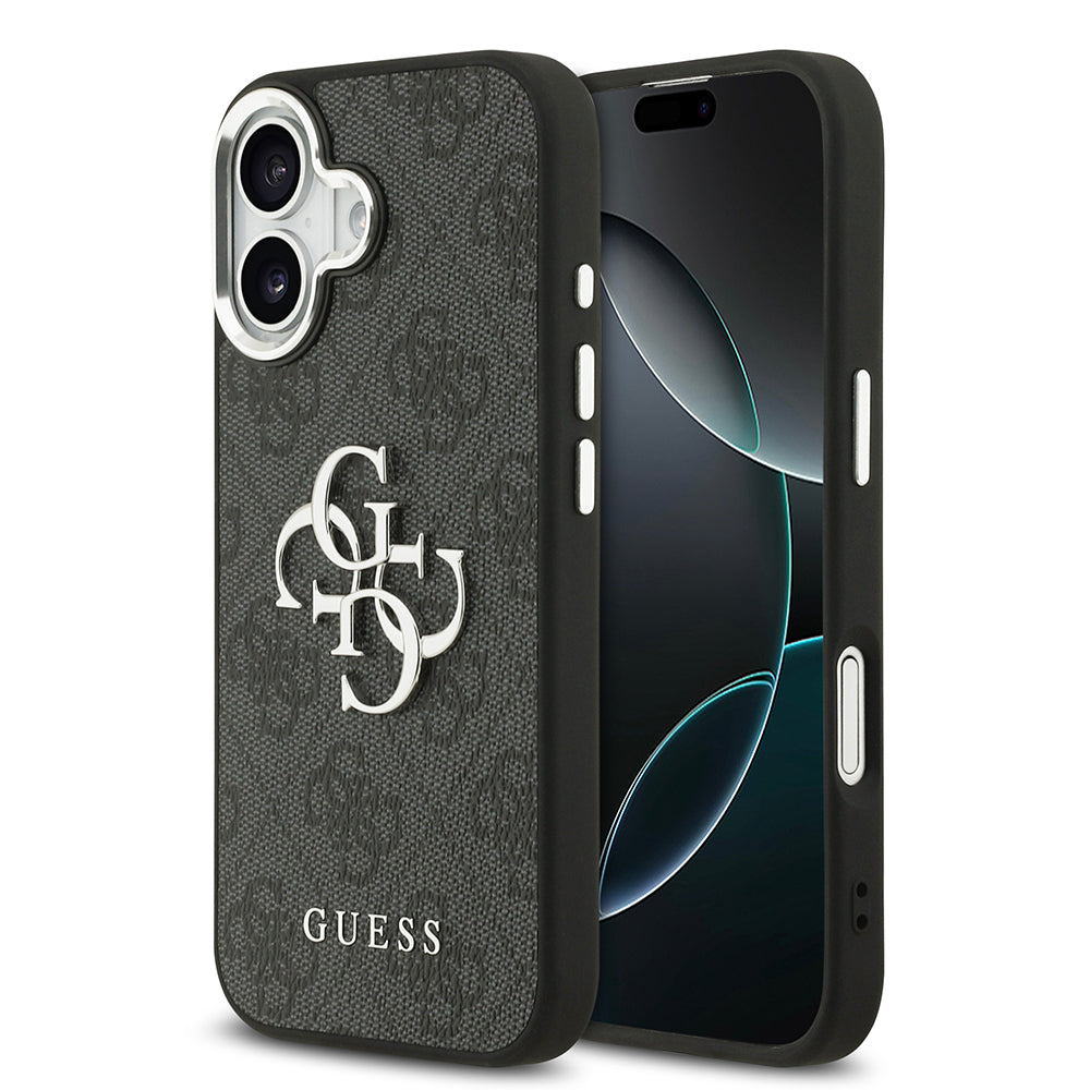 Apple iPhone 17 Kılıf Guess Orjinal Lisanslı Gümüş Metal Kamera Çerçeveli 4G Desenli Metal Büyük 4G ve Yazı Logolu Kapak Siyah