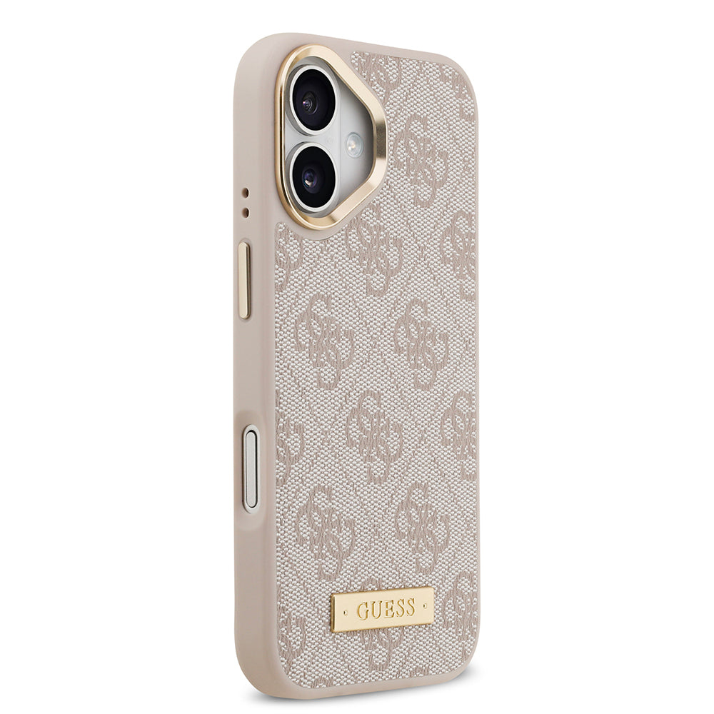 Apple iPhone 17 Kılıf Guess Orjinal Lisanslı M-safe Şarj Özellikli 4G Desenli PU Metal Plaka Klasik Logolu Kapak Pembe