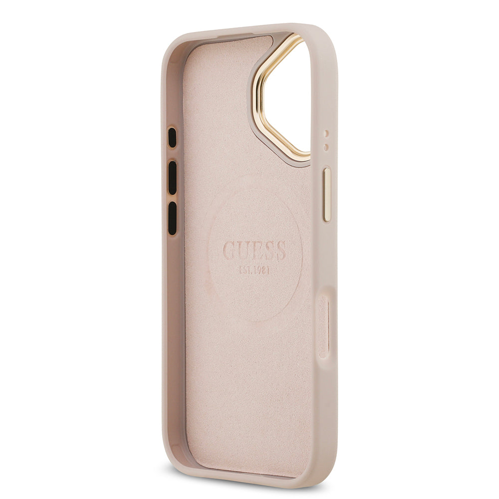 Apple iPhone 17 Kılıf Guess Orjinal Lisanslı M-safe Şarj Özellikli 4G Desenli PU Metal Plaka Klasik Logolu Kapak Pembe
