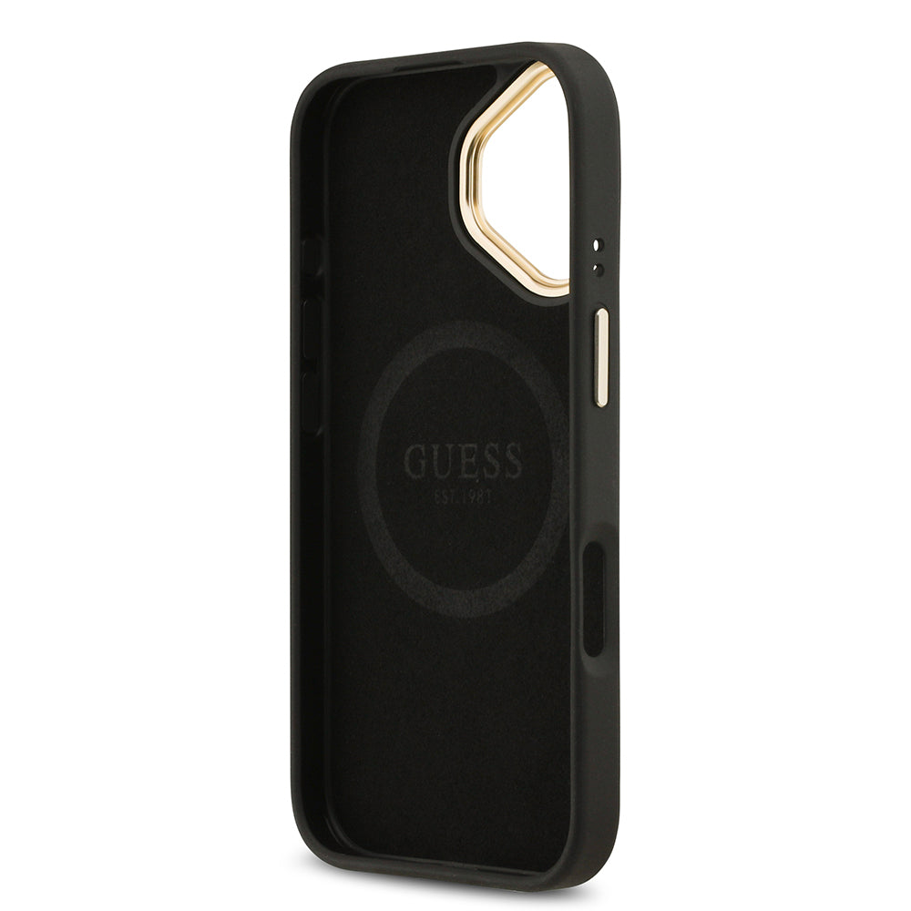 Apple iPhone 17 Kılıf Guess Orjinal Lisanslı M-safe Şarj Özellikli 4G Desenli PU Metal Plaka Klasik Logolu Kapak Siyah