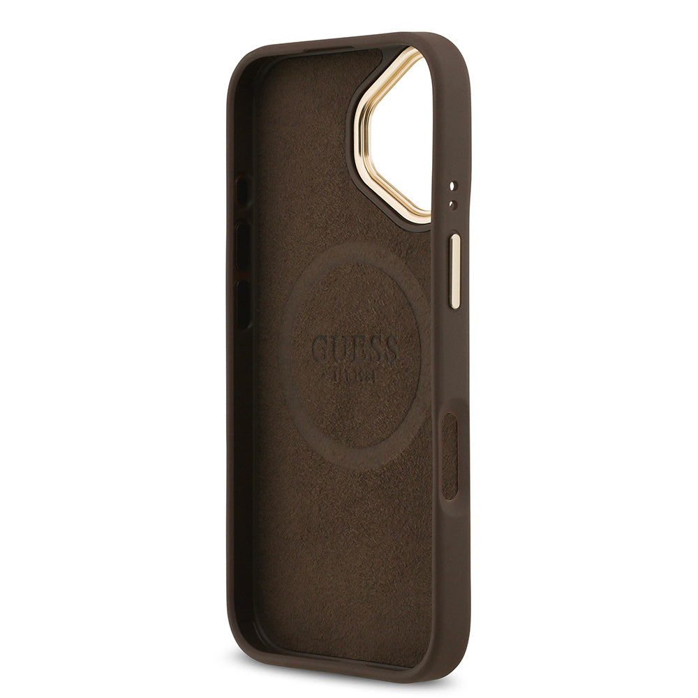 Apple iPhone 17 Kılıf Guess Orjinal Lisanslı M-safe Şarj Özellikli 4G Desenli PU Metal Plaka Klasik Logolu Kapak Kahverengi