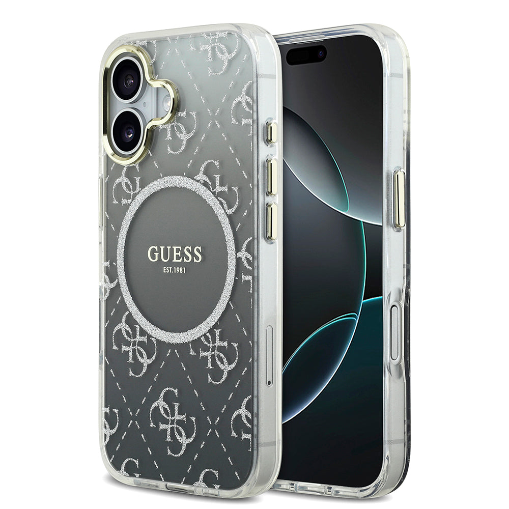 Apple iPhone 17 Kılıf Guess Orjinal Lisanslı M-safe Şarj Özellikli 4G Desenli Simli Silikon Kapak Gri