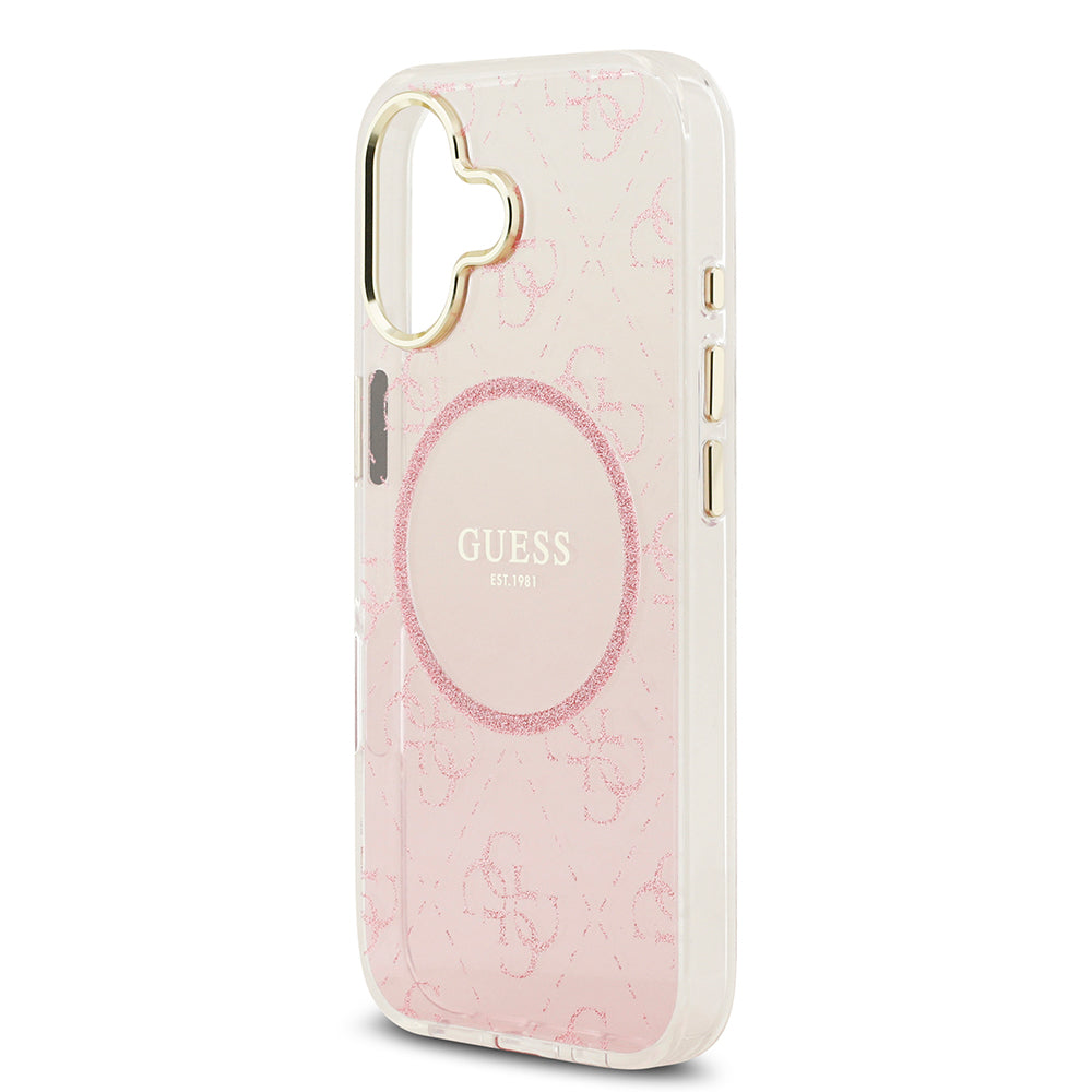 Apple iPhone 17 Kılıf Guess Orjinal Lisanslı M-safe Şarj Özellikli 4G Desenli Simli Silikon Kapak Pembe