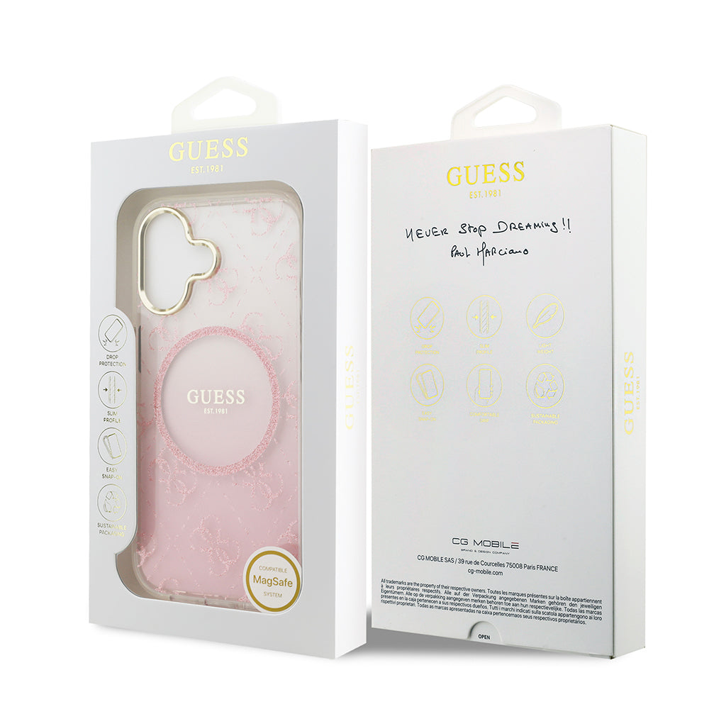 Apple iPhone 17 Kılıf Guess Orjinal Lisanslı M-safe Şarj Özellikli 4G Desenli Simli Silikon Kapak Pembe