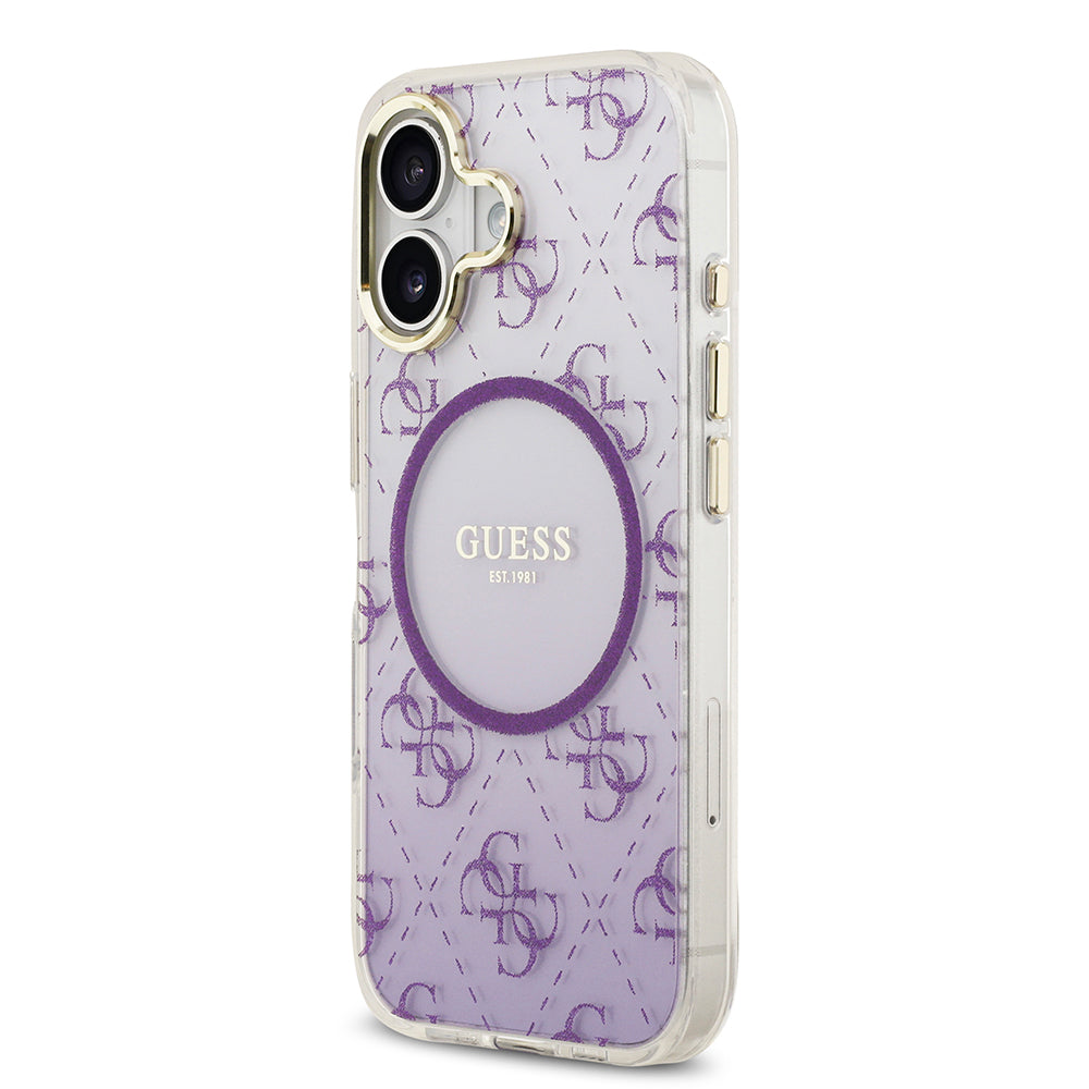 Apple iPhone 17 Kılıf Guess Orjinal Lisanslı M-safe Şarj Özellikli 4G Desenli Simli Silikon Kapak Mor