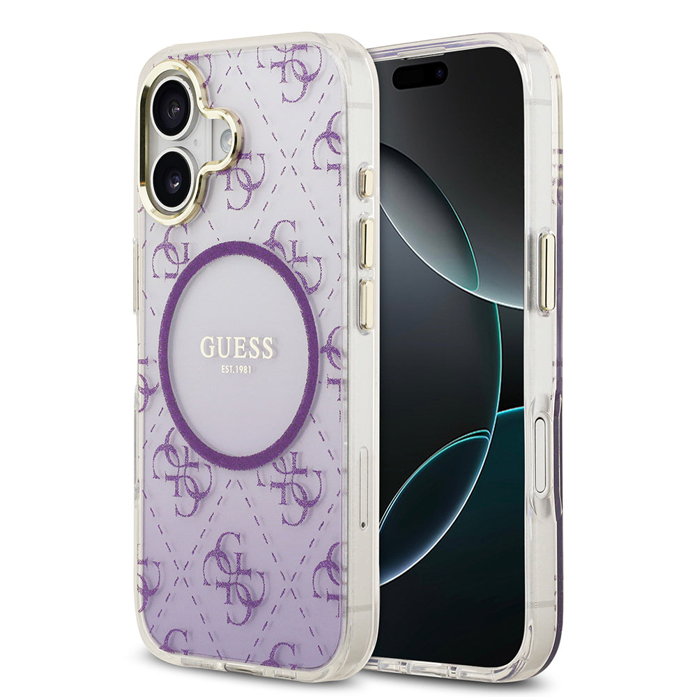 Apple iPhone 17 Kılıf Guess Orjinal Lisanslı M-safe Şarj Özellikli 4G Desenli Simli Silikon Kapak Mor