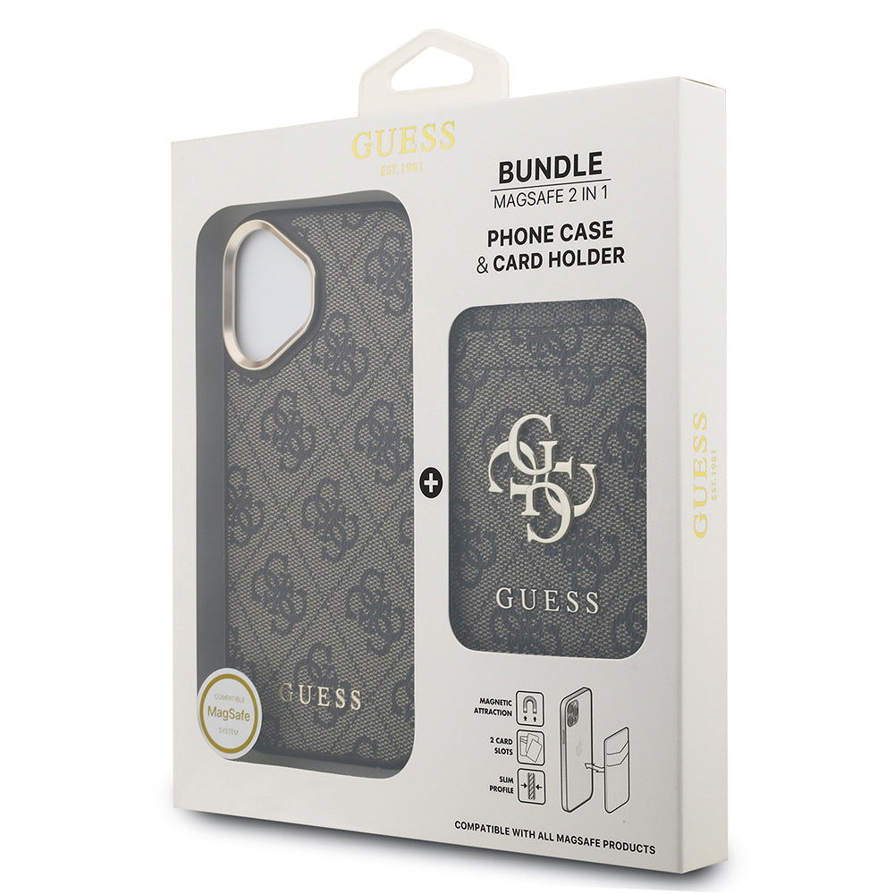 Apple iPhone 17 Kılıf Guess Orjinal Lisanslı M-safe Şarj Özellikli 4G Metal Büyük Logolu Kartlıklı Kapak Kahverengi