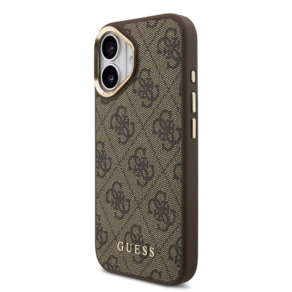 Apple iPhone 17 Kılıf Guess Orjinal Lisanslı M-safe Şarj Özellikli 4G Metal Büyük Logolu Kartlıklı Kapak Kahverengi