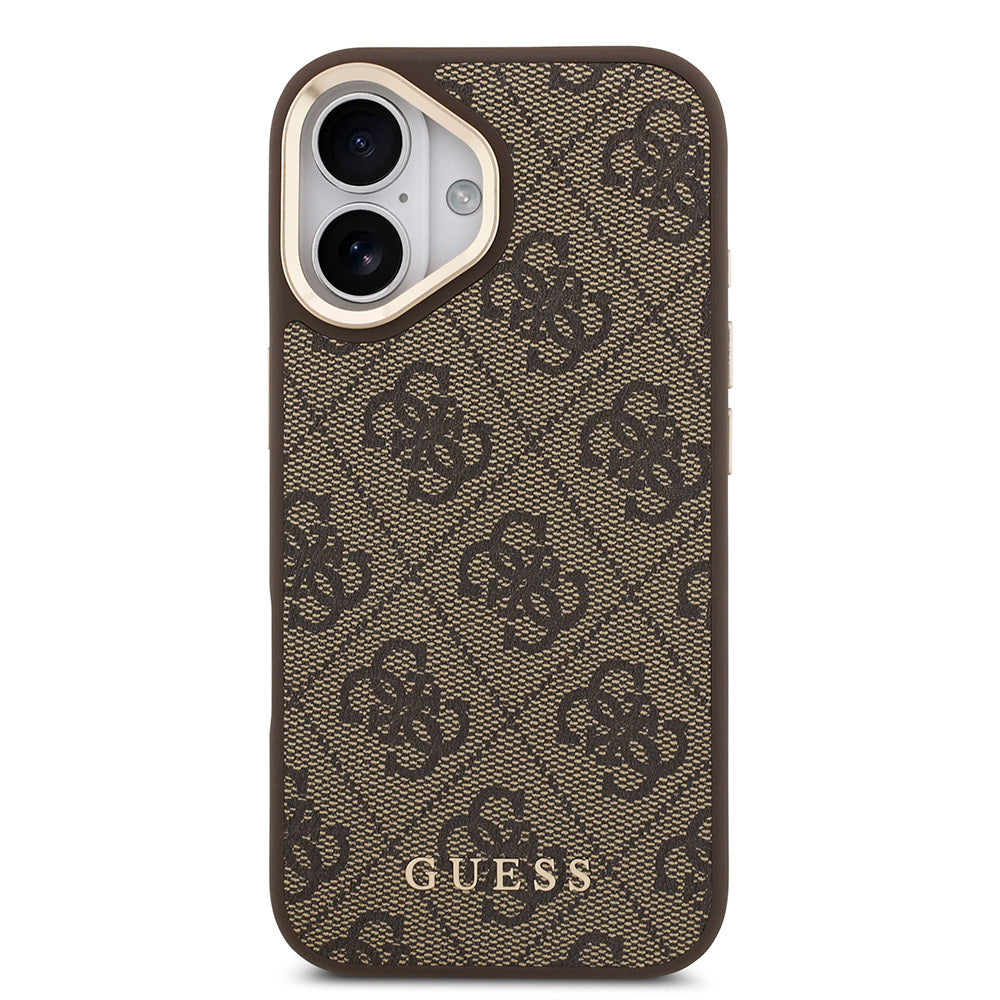 Apple iPhone 17 Kılıf Guess Orjinal Lisanslı M-safe Şarj Özellikli 4G Metal Büyük Logolu Kartlıklı Kapak Kahverengi