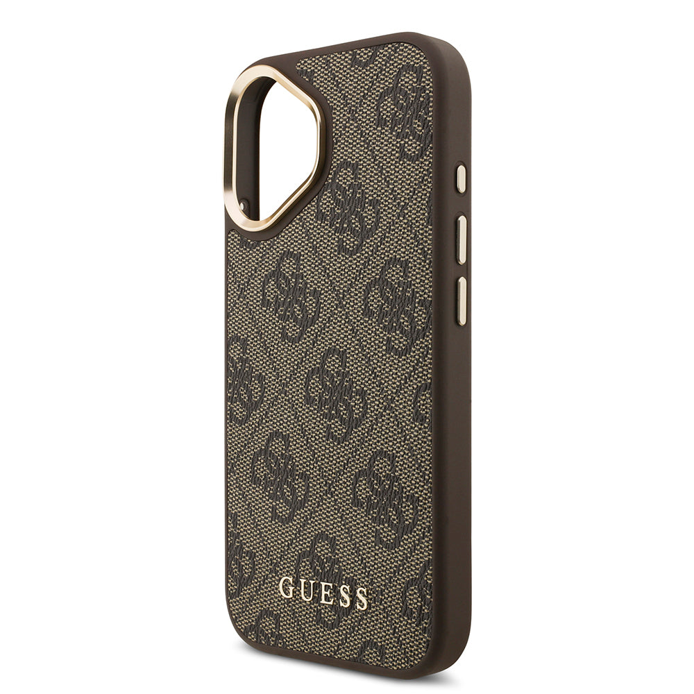 Apple iPhone 17 Kılıf Guess Orjinal Lisanslı M-safe Şarj Özellikli 4G Metal Büyük Logolu Kartlıklı Kapak Kahverengi