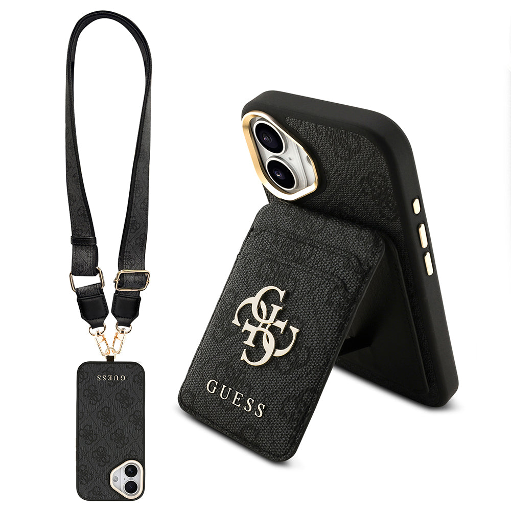 Apple iPhone 17 Kılıf Guess Orjinal Lisanslı M-safe Şarj Özellikli Askılı ve 4G Logo Kartlıklı Kapak Siyah