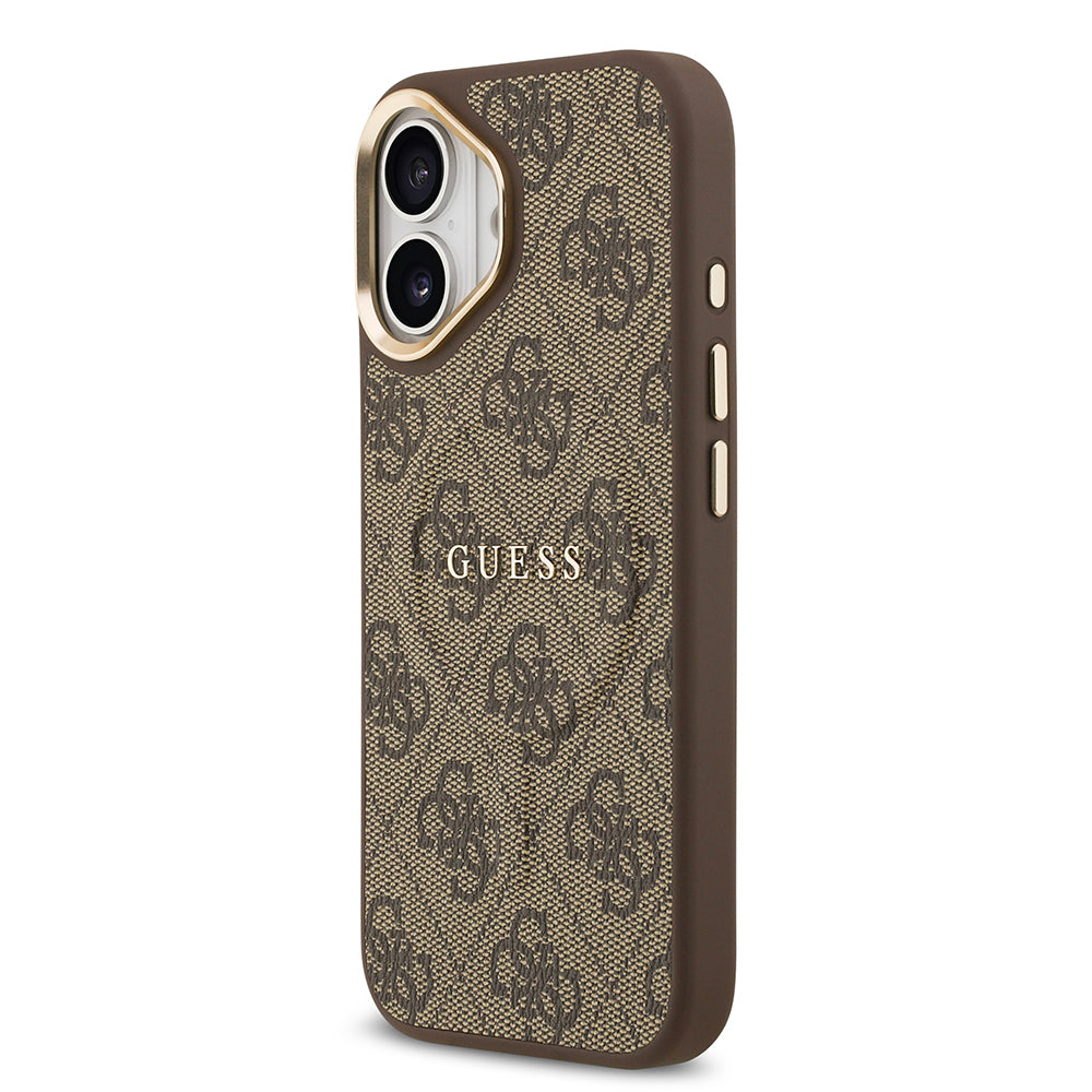 Apple iPhone 17 Kılıf Guess Orjinal Lisanslı M-safe Şarj Özellikli Gold Metal Kamera Çerçeveli PU Deri 4G Desenli Yazı Logolu Kapak Kahverengi