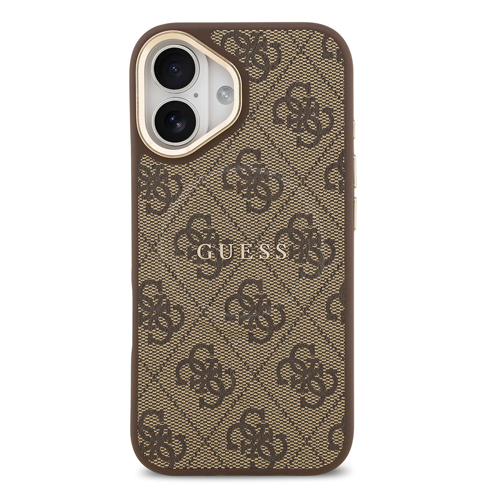 Apple iPhone 17 Kılıf Guess Orjinal Lisanslı M-safe Şarj Özellikli Gold Metal Kamera Çerçeveli PU Deri 4G Desenli Yazı Logolu Kapak Kahverengi