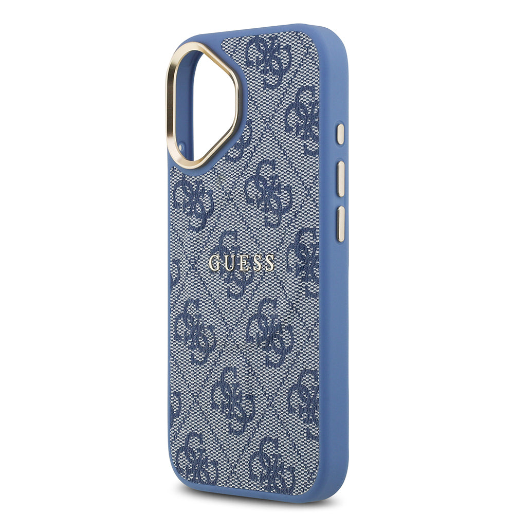 Apple iPhone 17 Kılıf Guess Orjinal Lisanslı M-safe Şarj Özellikli Gold Metal Kamera Çerçeveli PU Deri 4G Desenli Yazı Logolu Kapak Mavi