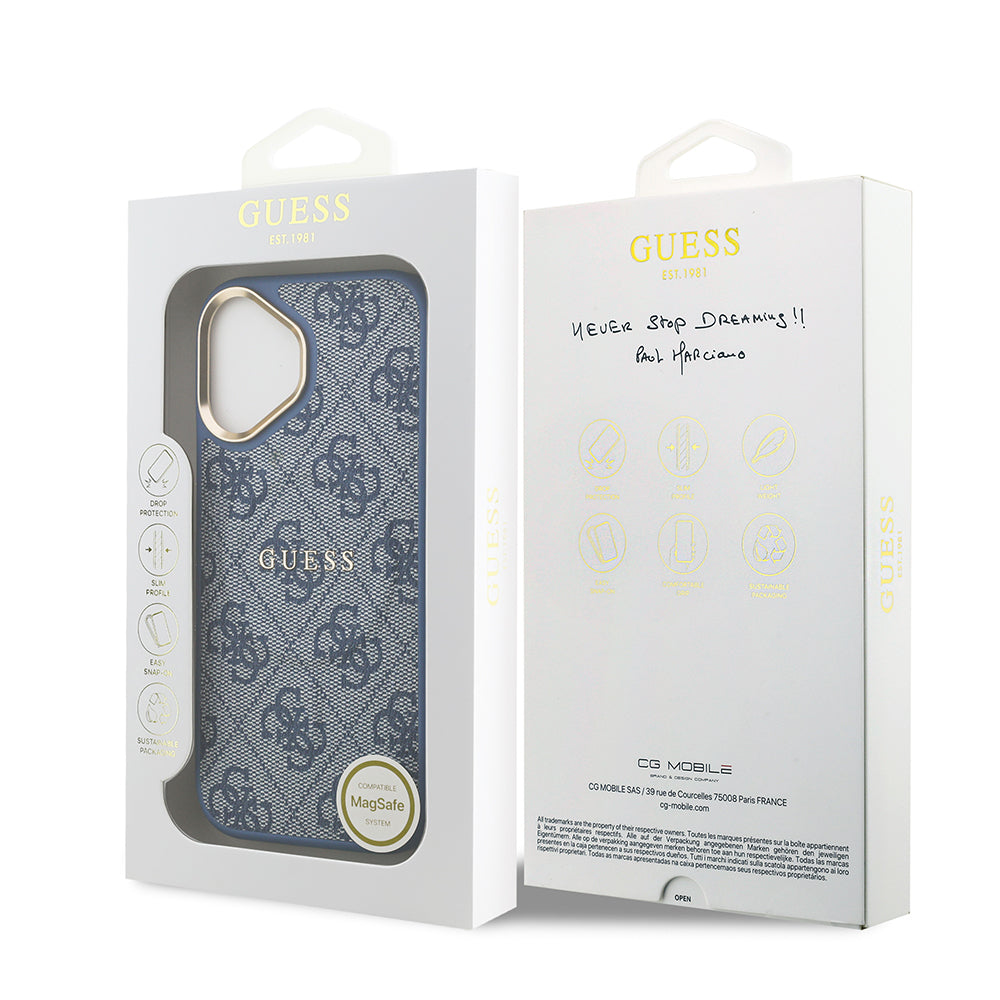 Apple iPhone 17 Kılıf Guess Orjinal Lisanslı M-safe Şarj Özellikli Gold Metal Kamera Çerçeveli PU Deri 4G Desenli Yazı Logolu Kapak Mavi