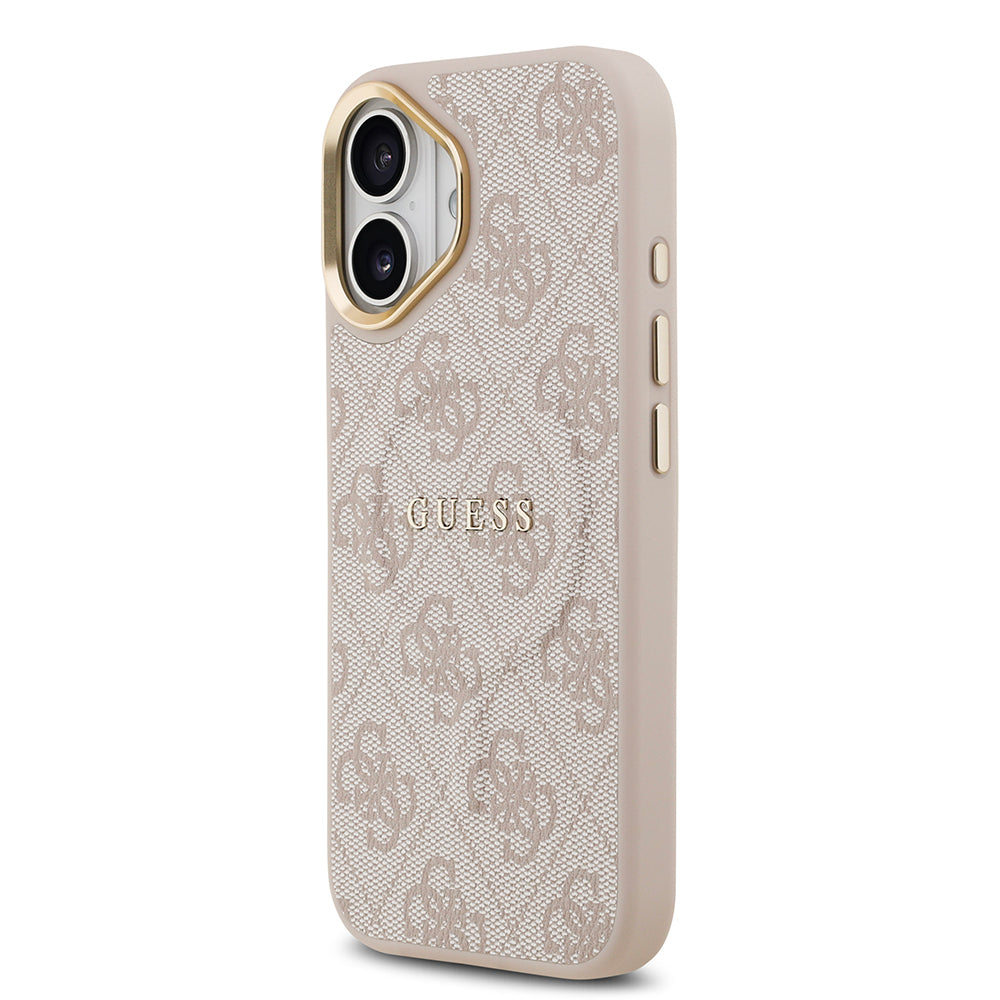 Apple iPhone 17 Kılıf Guess Orjinal Lisanslı M-safe Şarj Özellikli Gold Metal Kamera Çerçeveli PU Deri 4G Desenli Yazı Logolu Kapak Pembe