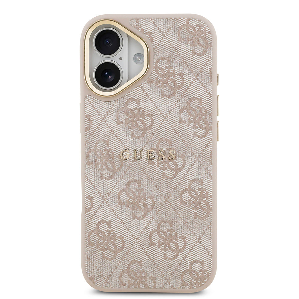 Apple iPhone 17 Kılıf Guess Orjinal Lisanslı M-safe Şarj Özellikli Gold Metal Kamera Çerçeveli PU Deri 4G Desenli Yazı Logolu Kapak Pembe