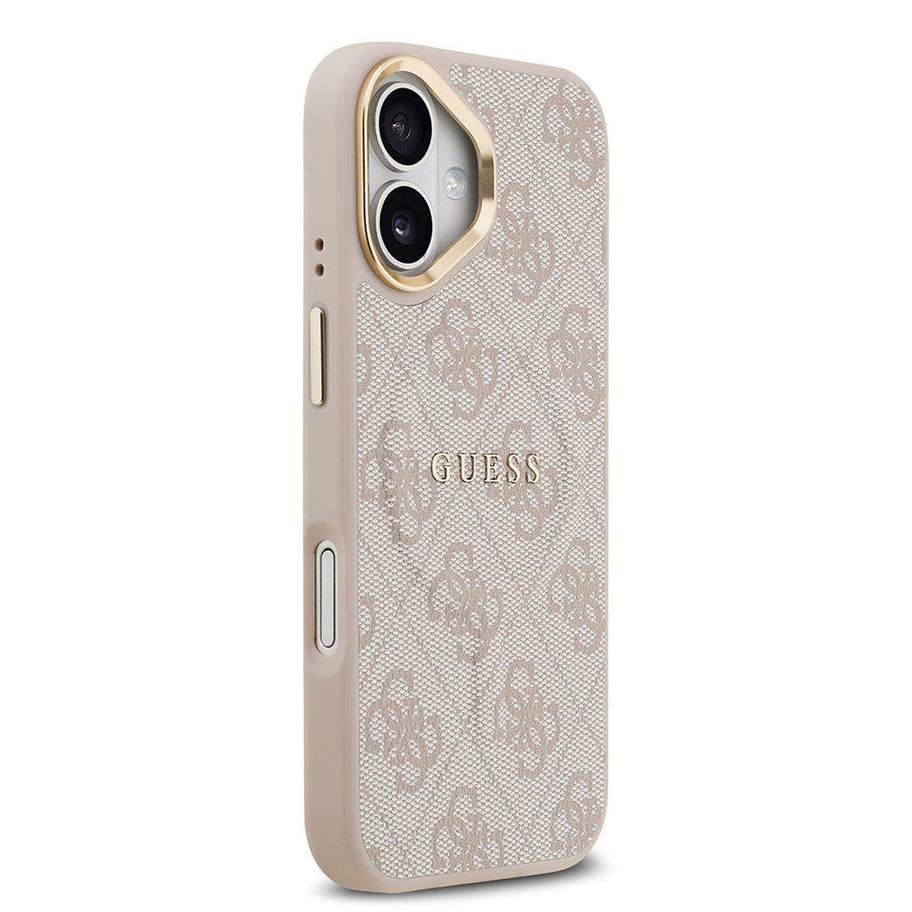 Apple iPhone 17 Kılıf Guess Orjinal Lisanslı M-safe Şarj Özellikli Gold Metal Kamera Çerçeveli PU Deri 4G Desenli Yazı Logolu Kapak Pembe