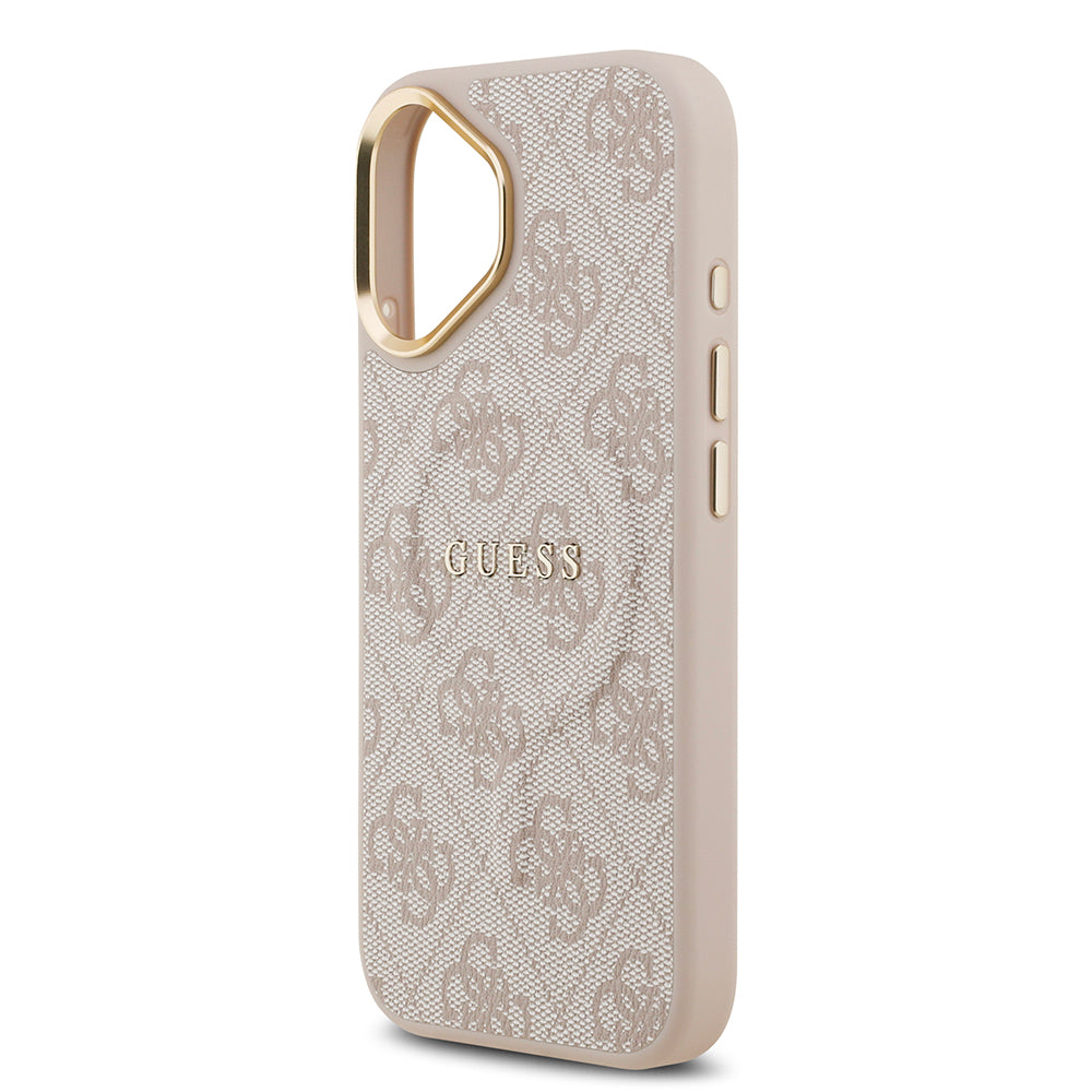 Apple iPhone 17 Kılıf Guess Orjinal Lisanslı M-safe Şarj Özellikli Gold Metal Kamera Çerçeveli PU Deri 4G Desenli Yazı Logolu Kapak Pembe