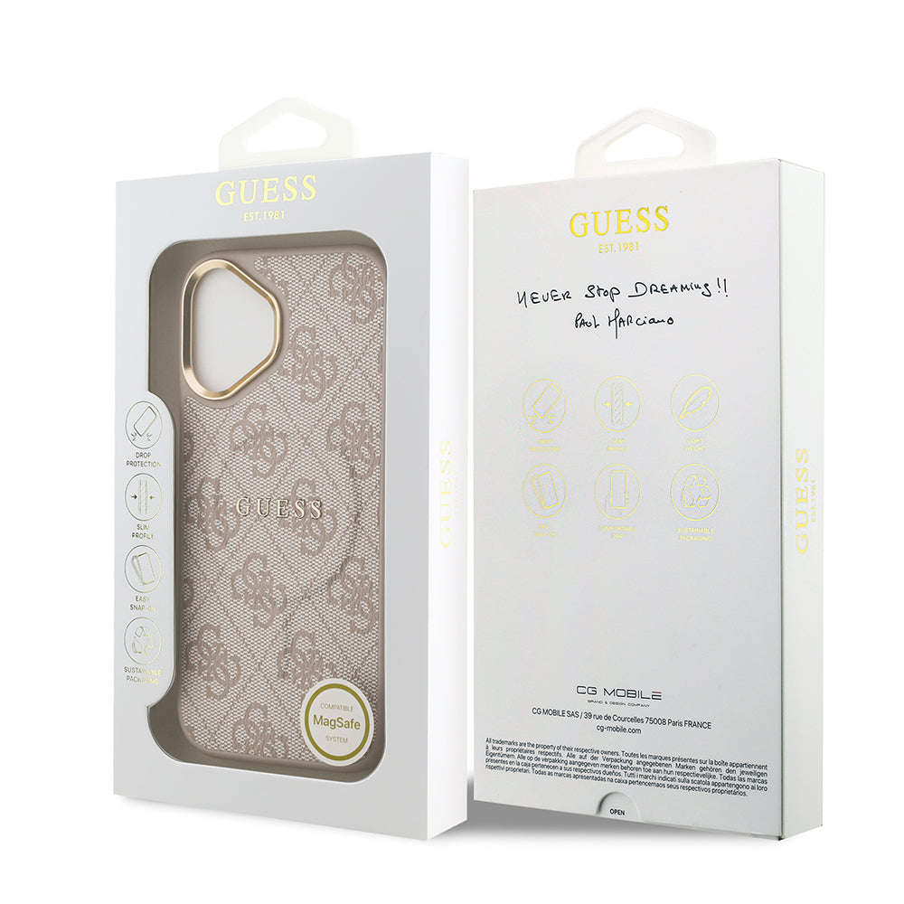 Apple iPhone 17 Kılıf Guess Orjinal Lisanslı M-safe Şarj Özellikli Gold Metal Kamera Çerçeveli PU Deri 4G Desenli Yazı Logolu Kapak Pembe